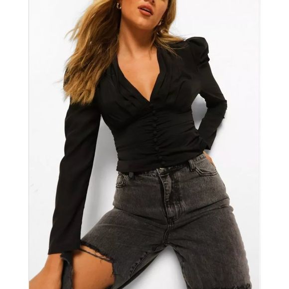 BOOHOO Button Up Ruched Blouse NWT - Picture 1 of 5
